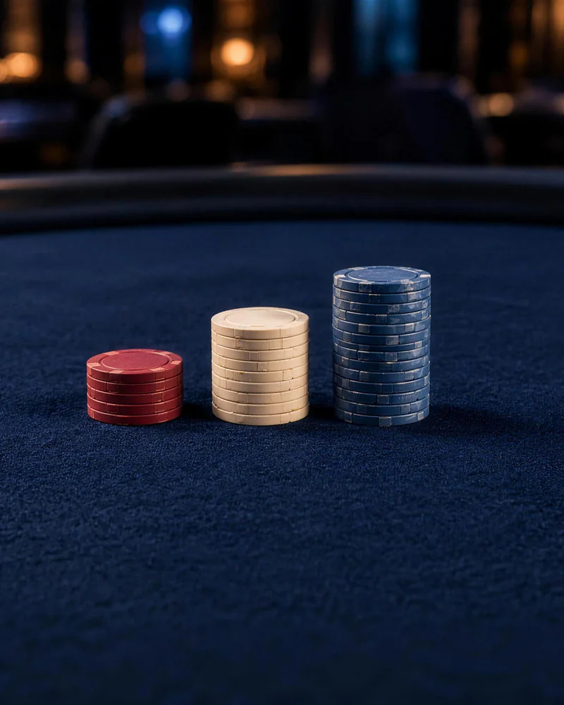Chip stacks arranged from short to tall Short red, medium white and tall blue chip stacks stand in a row on a blue poker table