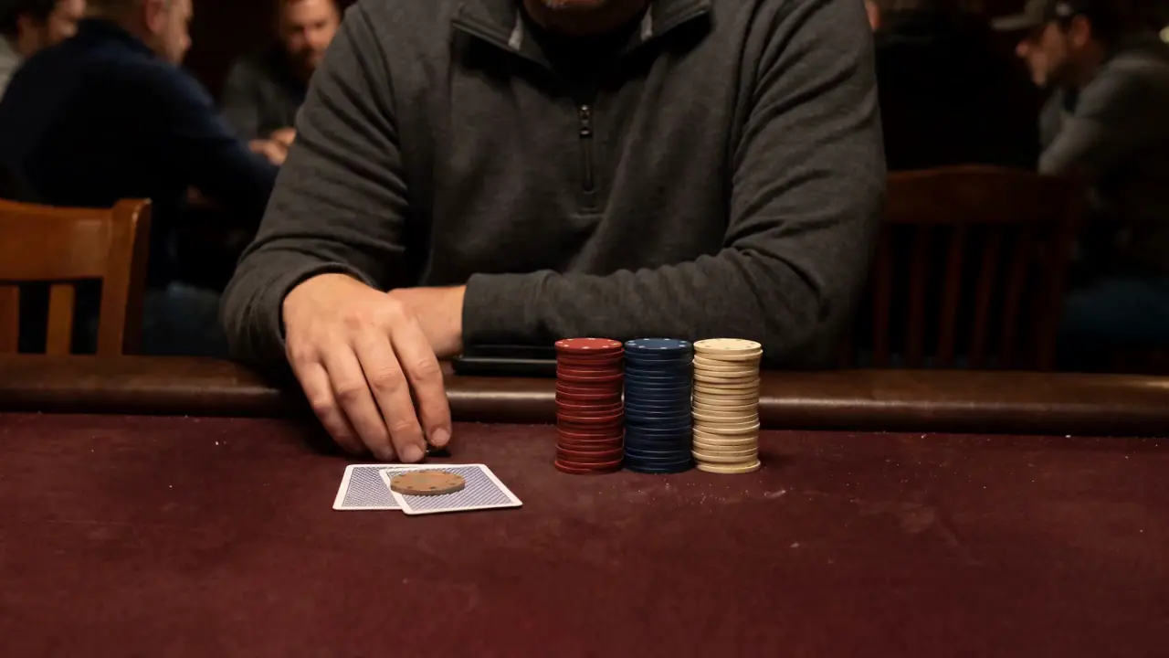 Three neat chip stacks stand beside two protected face-down cards in front of a grey-clad player