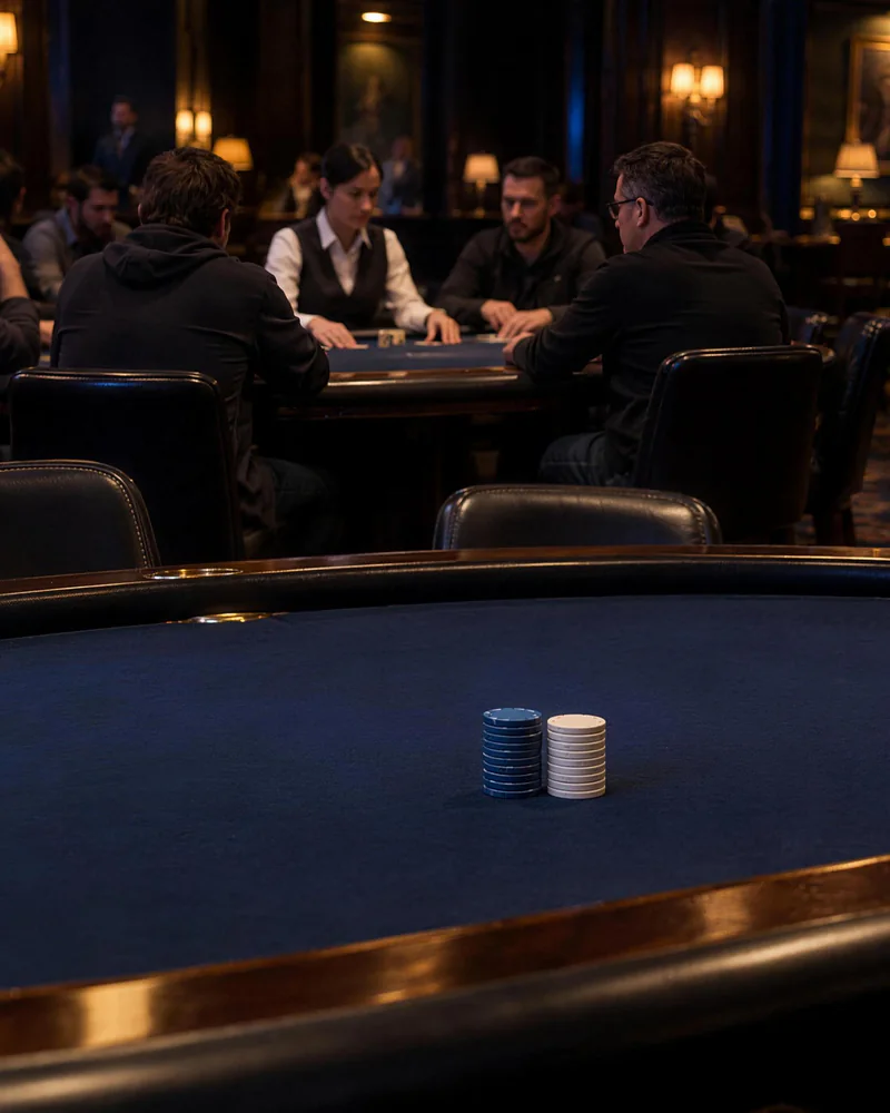 Blue and white chip stacks stand on a vacant poker table with seated players and a dealer behind